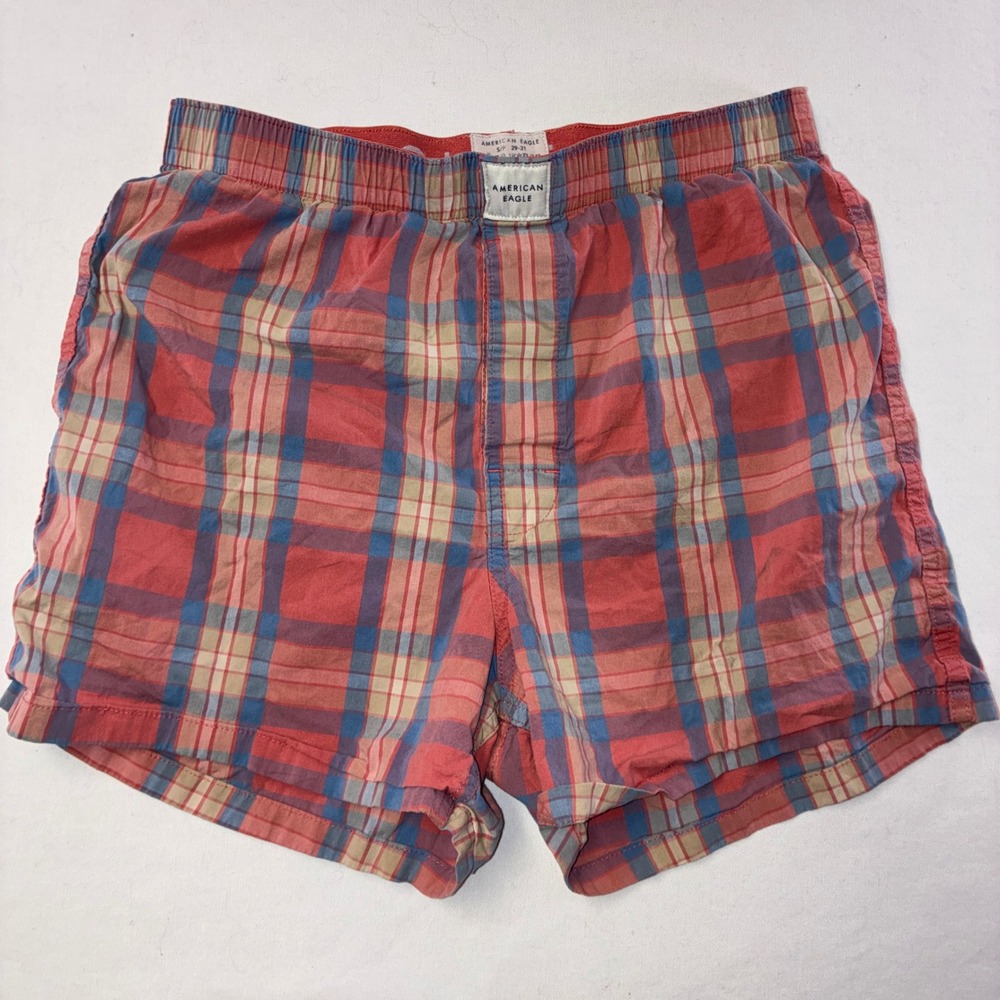 537 Preppy American Eagle Plaid Sleep Short S Red Blue Cotton Blend